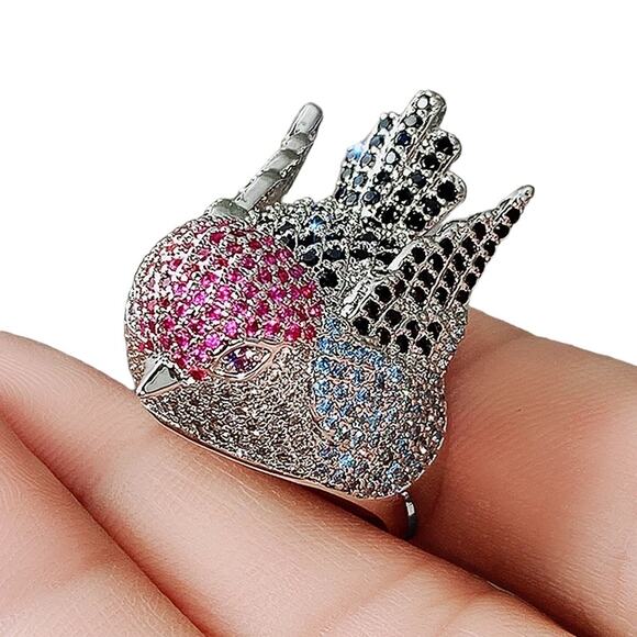 Micro Pavé Multi-Color Silvertone Dome Bird Statement Ring Size 10 - Picture 5 of 5